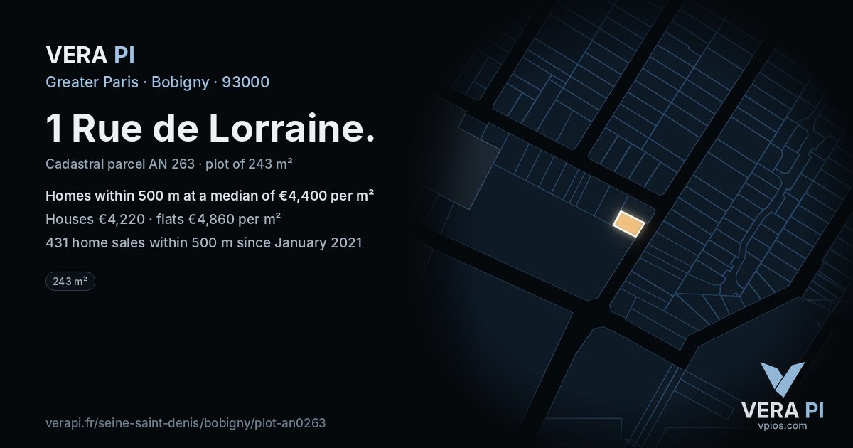 1 Rue de Lorraine, Bobigny at night – the plot lit, the parcels around coloured by the prices near them