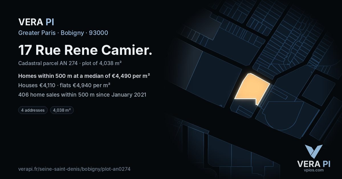 17 Rue Rene Camier, Bobigny at night – the plot lit, the parcels around coloured by the prices near them