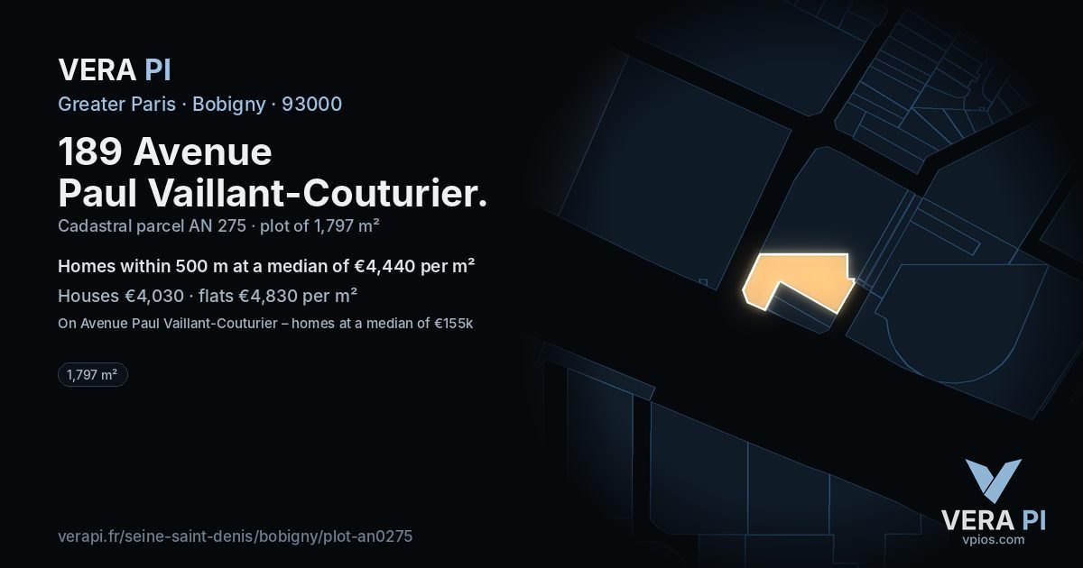 189 Avenue Paul Vaillant-Couturier, Bobigny at night – the plot lit, the parcels around coloured by the prices near them