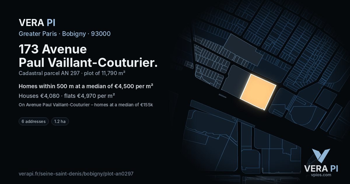 173 Avenue Paul Vaillant-Couturier, Bobigny at night – the plot lit, the parcels around coloured by the prices near them