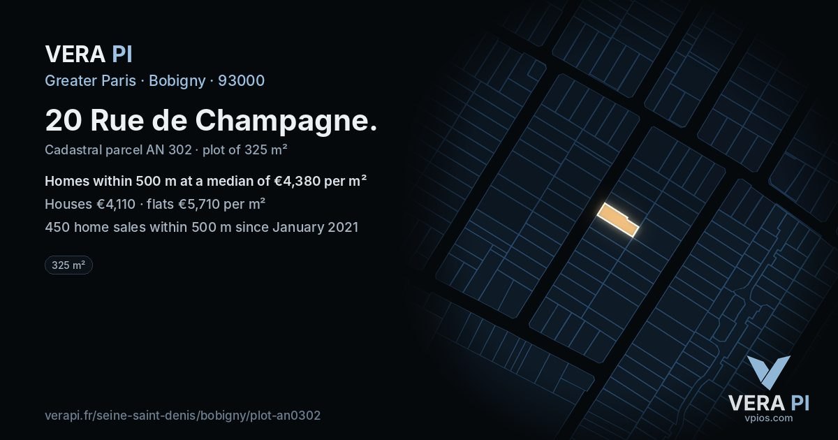 20 Rue de Champagne, Bobigny at night – the plot lit, the parcels around coloured by the prices near them
