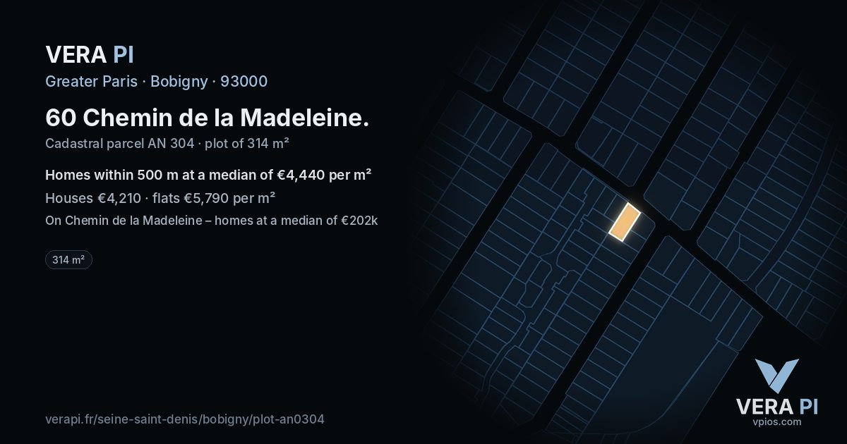 60 Chemin de la Madeleine, Bobigny at night – the plot lit, the parcels around coloured by the prices near them