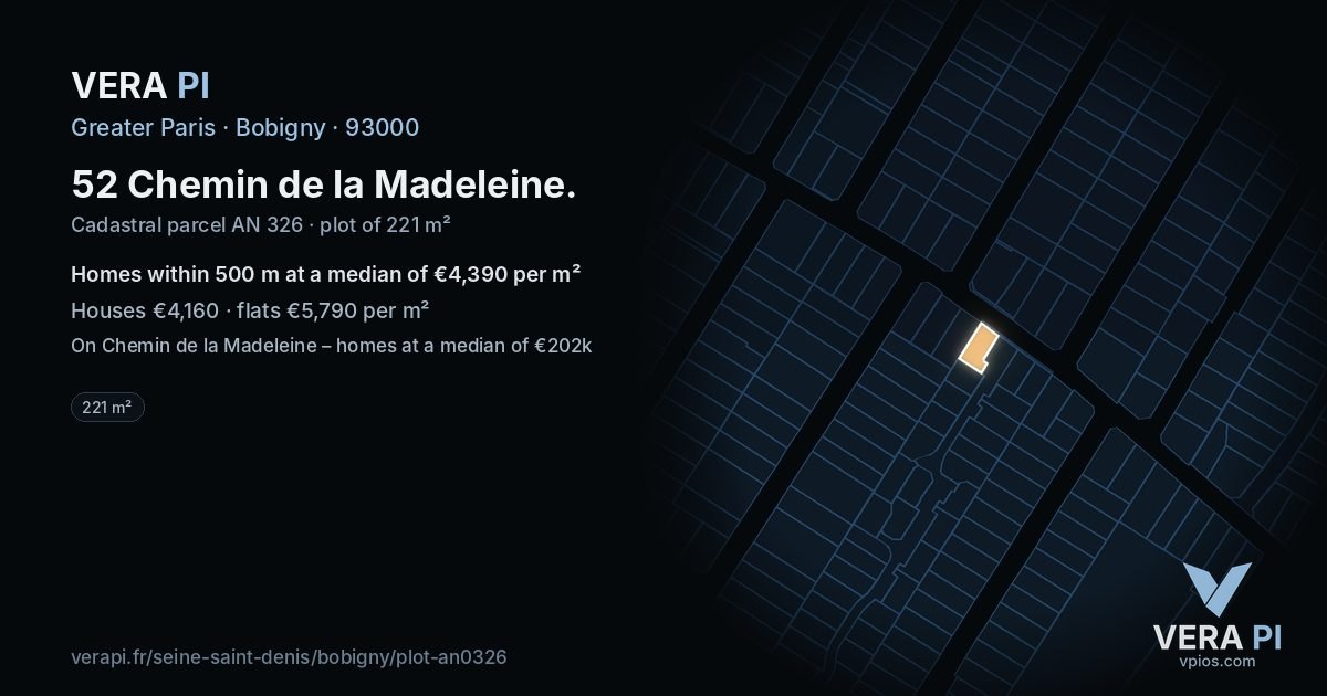 52 Chemin de la Madeleine, Bobigny at night – the plot lit, the parcels around coloured by the prices near them