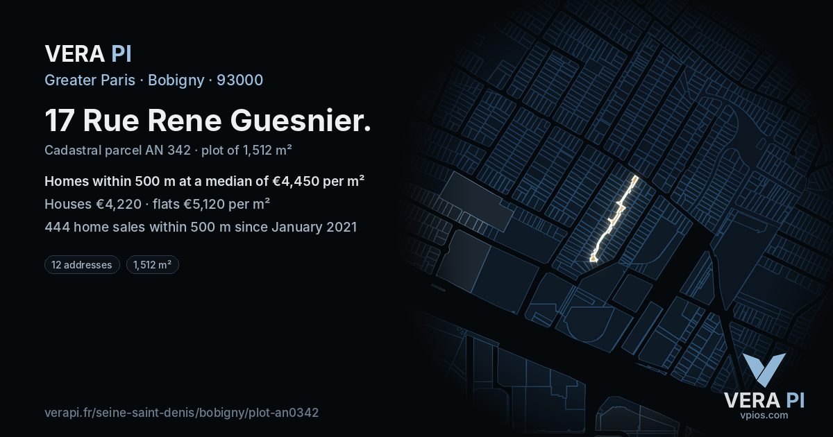 17 Rue Rene Guesnier, Bobigny at night – the plot lit, the parcels around coloured by the prices near them