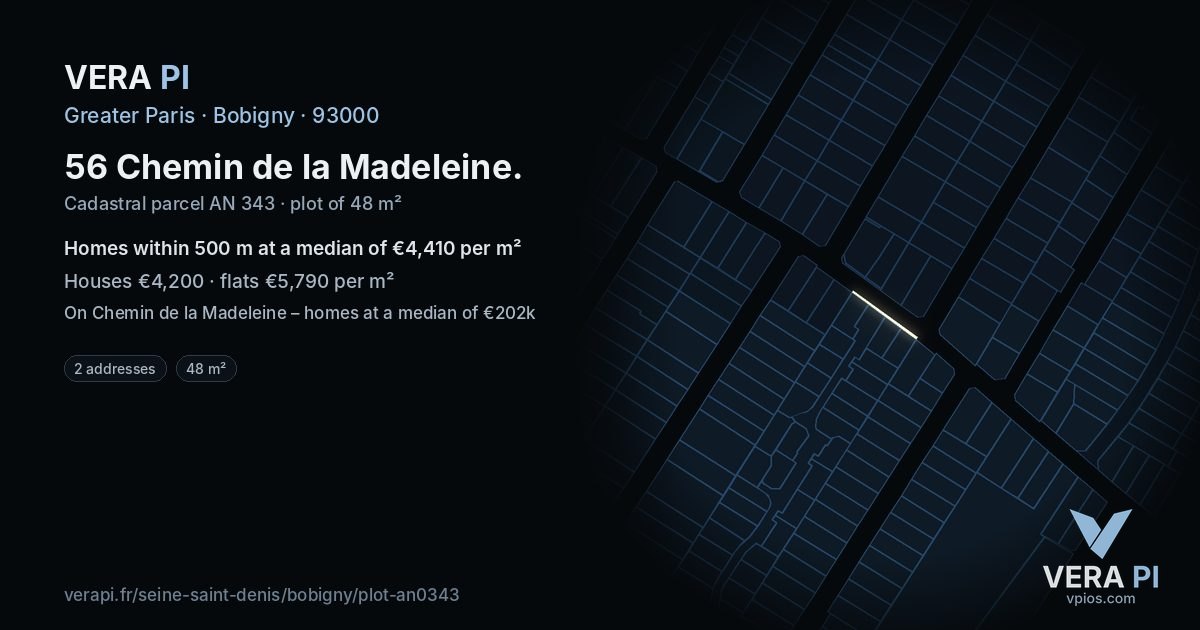 56 Chemin de la Madeleine, Bobigny at night – the plot lit, the parcels around coloured by the prices near them