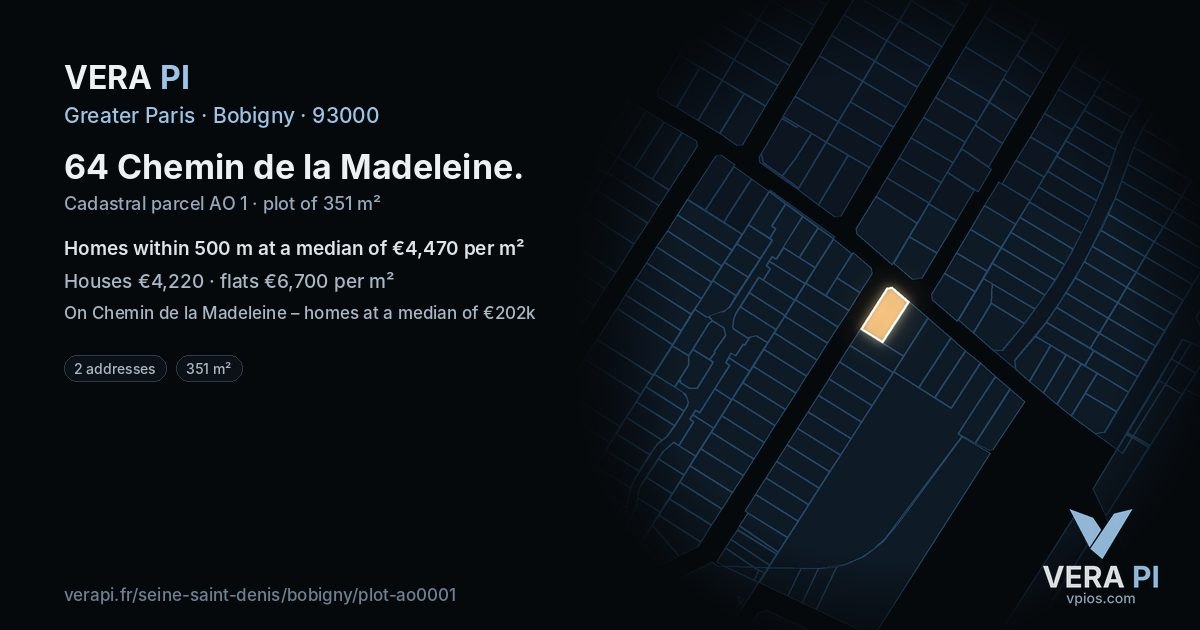 64 Chemin de la Madeleine, Bobigny at night – the plot lit, the parcels around coloured by the prices near them