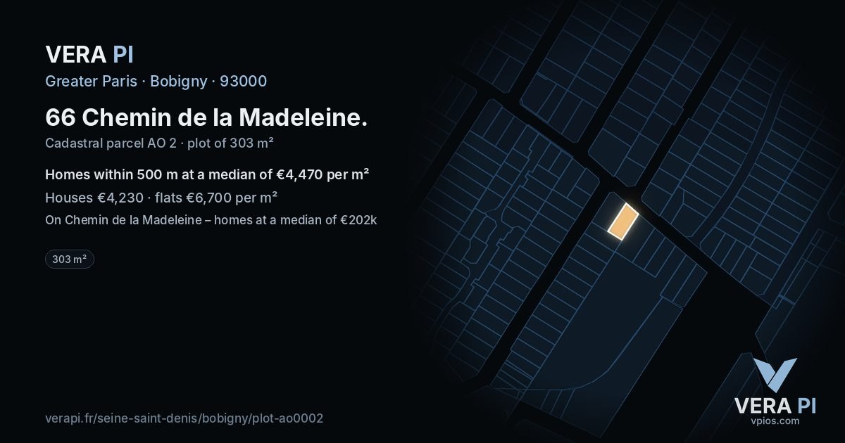 66 Chemin de la Madeleine, Bobigny at night – the plot lit, the parcels around coloured by the prices near them