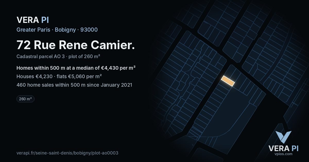 72 Rue Rene Camier, Bobigny at night – the plot lit, the parcels around coloured by the prices near them