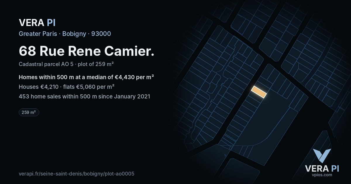 68 Rue Rene Camier, Bobigny at night – the plot lit, the parcels around coloured by the prices near them