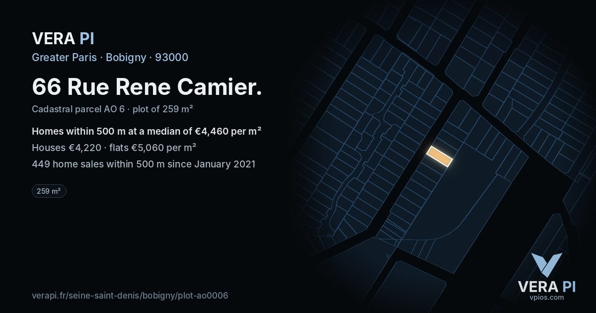 66 Rue Rene Camier, Bobigny at night – the plot lit, the parcels around coloured by the prices near them