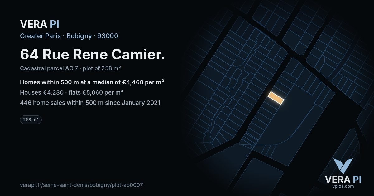 64 Rue Rene Camier, Bobigny at night – the plot lit, the parcels around coloured by the prices near them