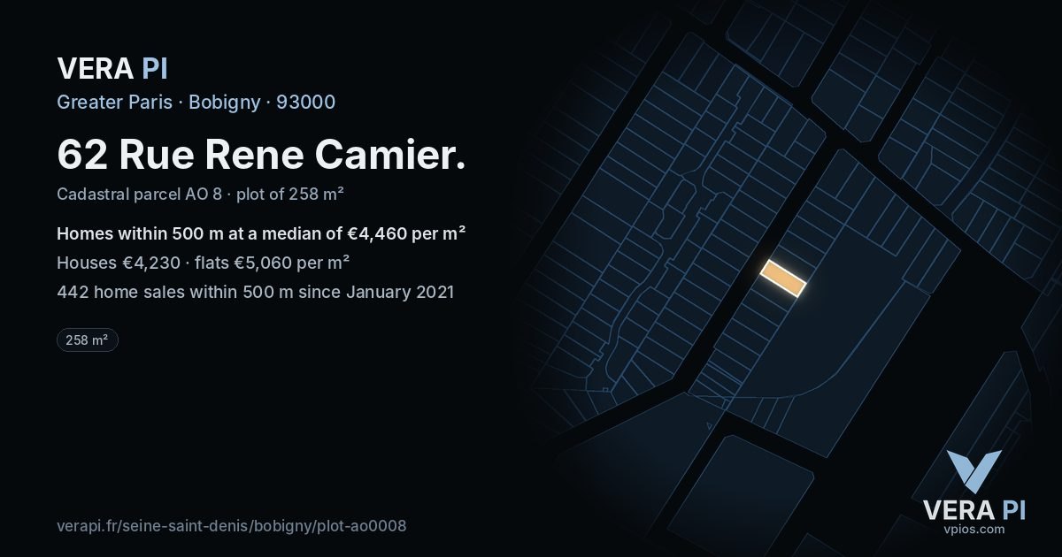 62 Rue Rene Camier, Bobigny at night – the plot lit, the parcels around coloured by the prices near them