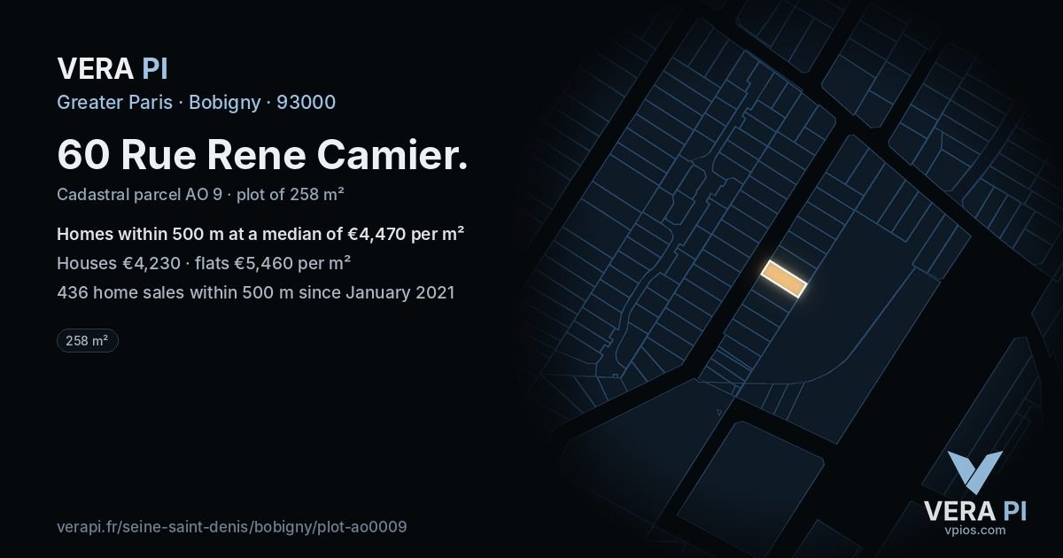 60 Rue Rene Camier, Bobigny at night – the plot lit, the parcels around coloured by the prices near them