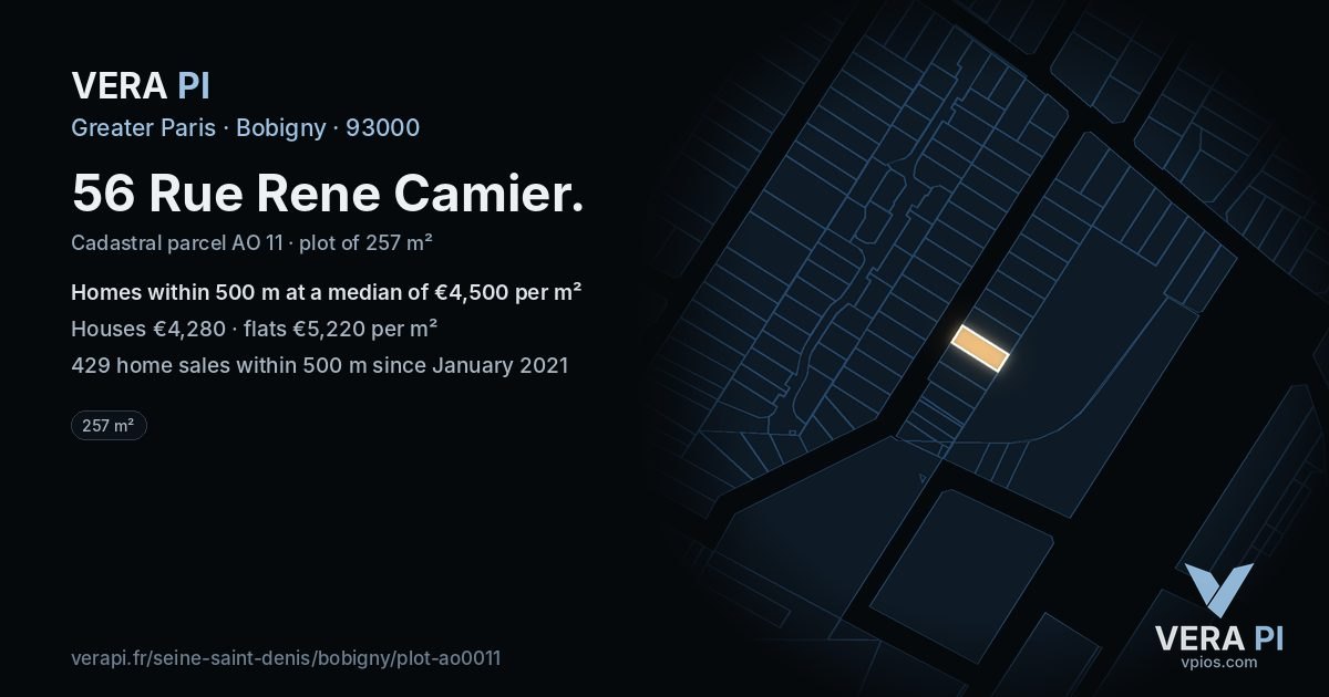 56 Rue Rene Camier, Bobigny at night – the plot lit, the parcels around coloured by the prices near them