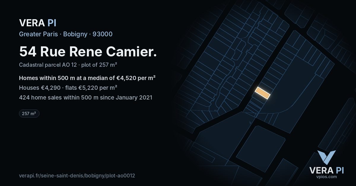 54 Rue Rene Camier, Bobigny at night – the plot lit, the parcels around coloured by the prices near them