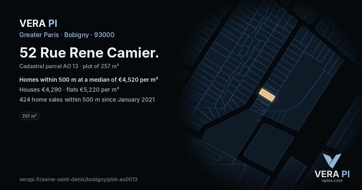 52 Rue Rene Camier, Bobigny at night – the plot lit, the parcels around coloured by the prices near them