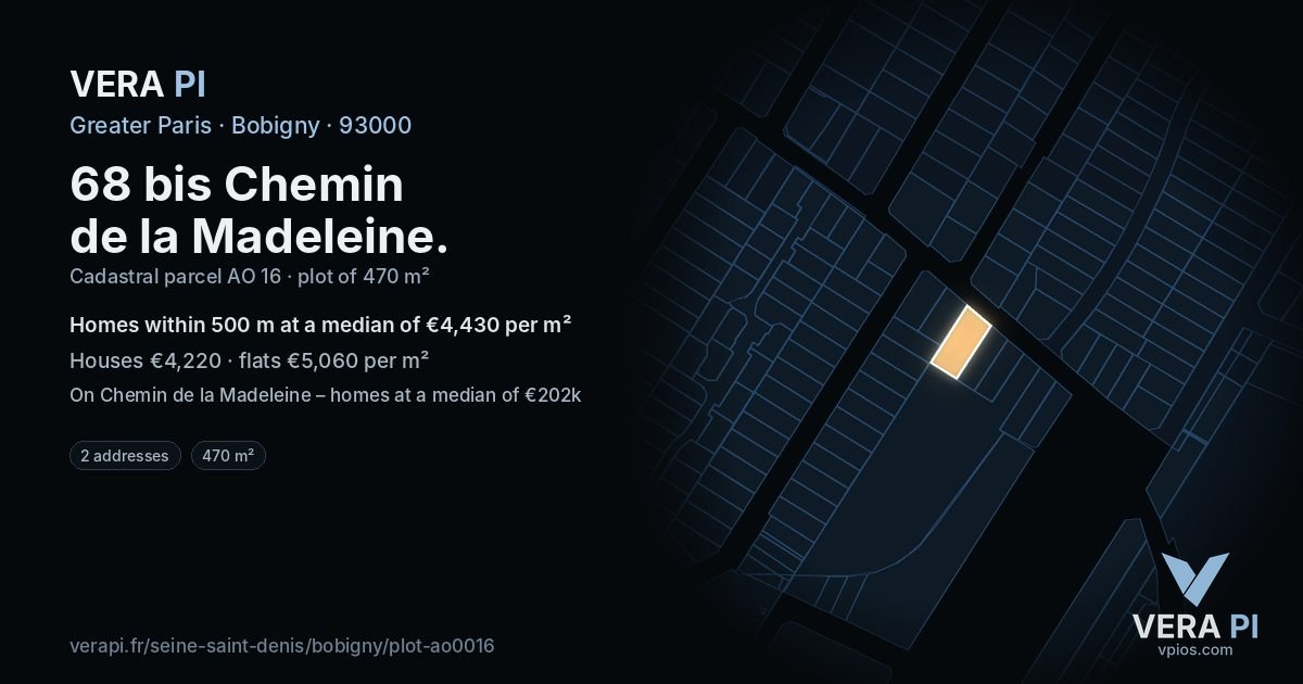 68 bis Chemin de la Madeleine, Bobigny at night – the plot lit, the parcels around coloured by the prices near them