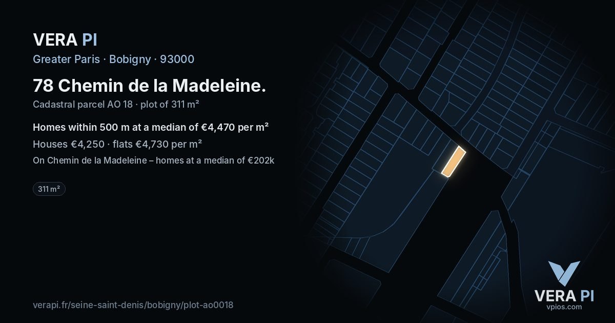 78 Chemin de la Madeleine, Bobigny at night – the plot lit, the parcels around coloured by the prices near them