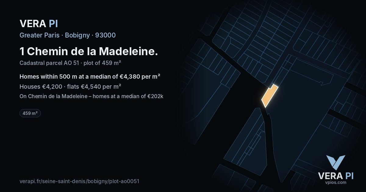 1 Chemin de la Madeleine, Bobigny at night – the plot lit, the parcels around coloured by the prices near them