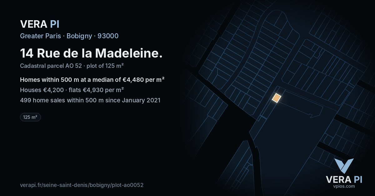14 Rue de la Madeleine, Bobigny at night – the plot lit, the parcels around coloured by the prices near them