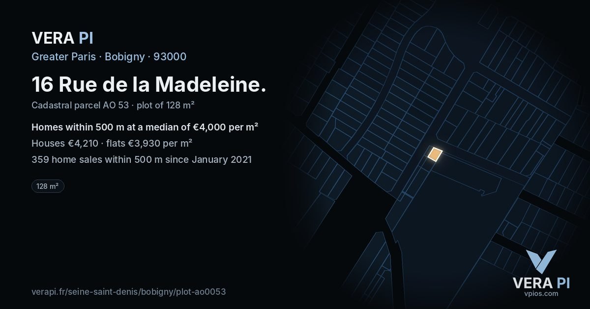 16 Rue de la Madeleine, Bobigny at night – the plot lit, the parcels around coloured by the prices near them