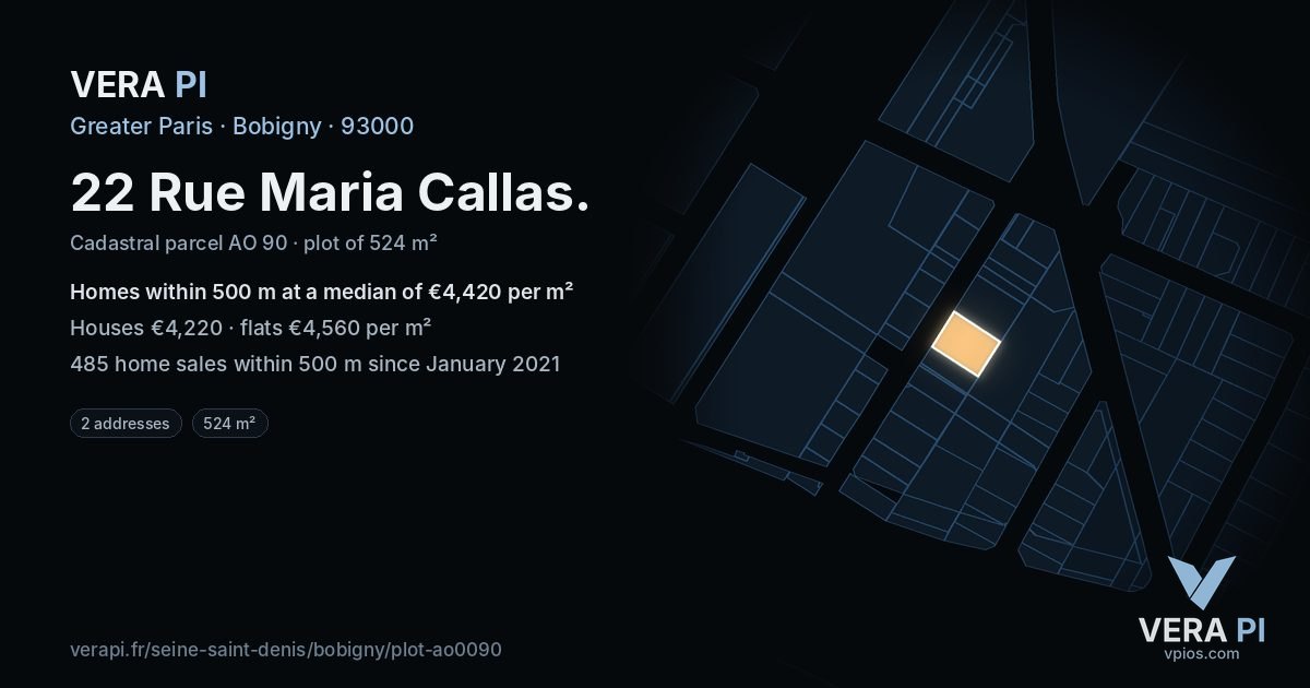 22 Rue Maria Callas, Bobigny at night – the plot lit, the parcels around coloured by the prices near them