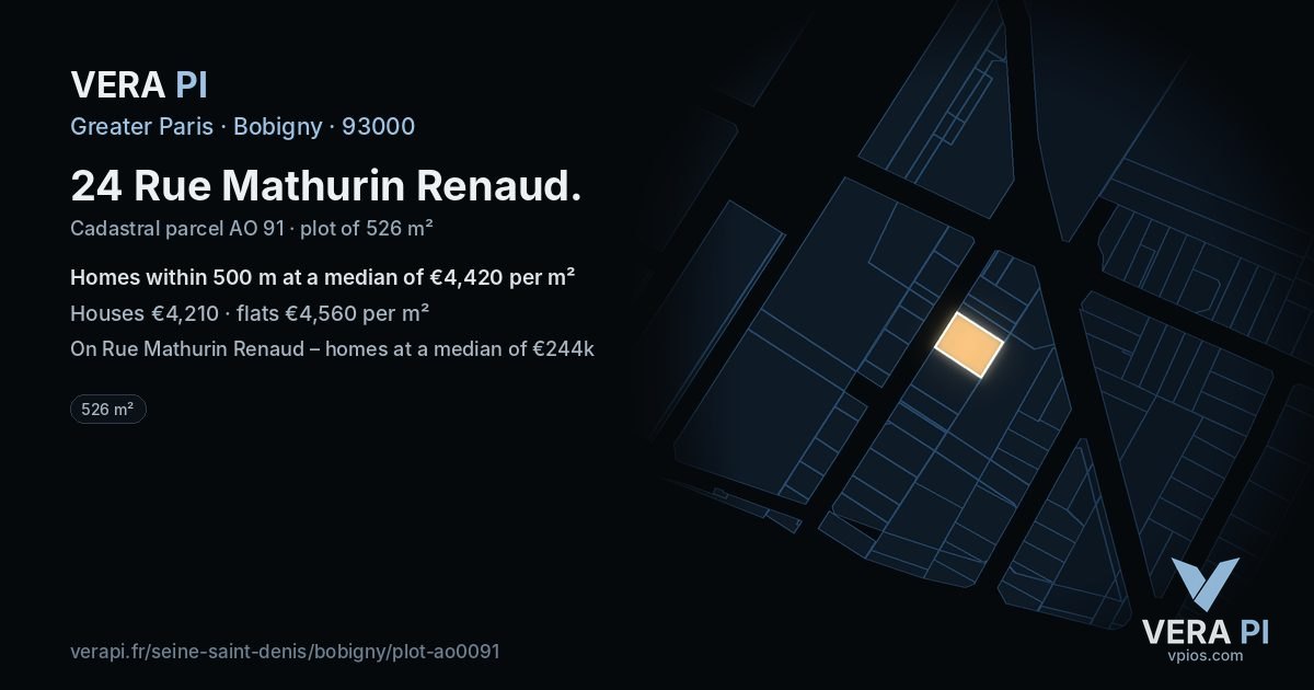 24 Rue Mathurin Renaud, Bobigny at night – the plot lit, the parcels around coloured by the prices near them
