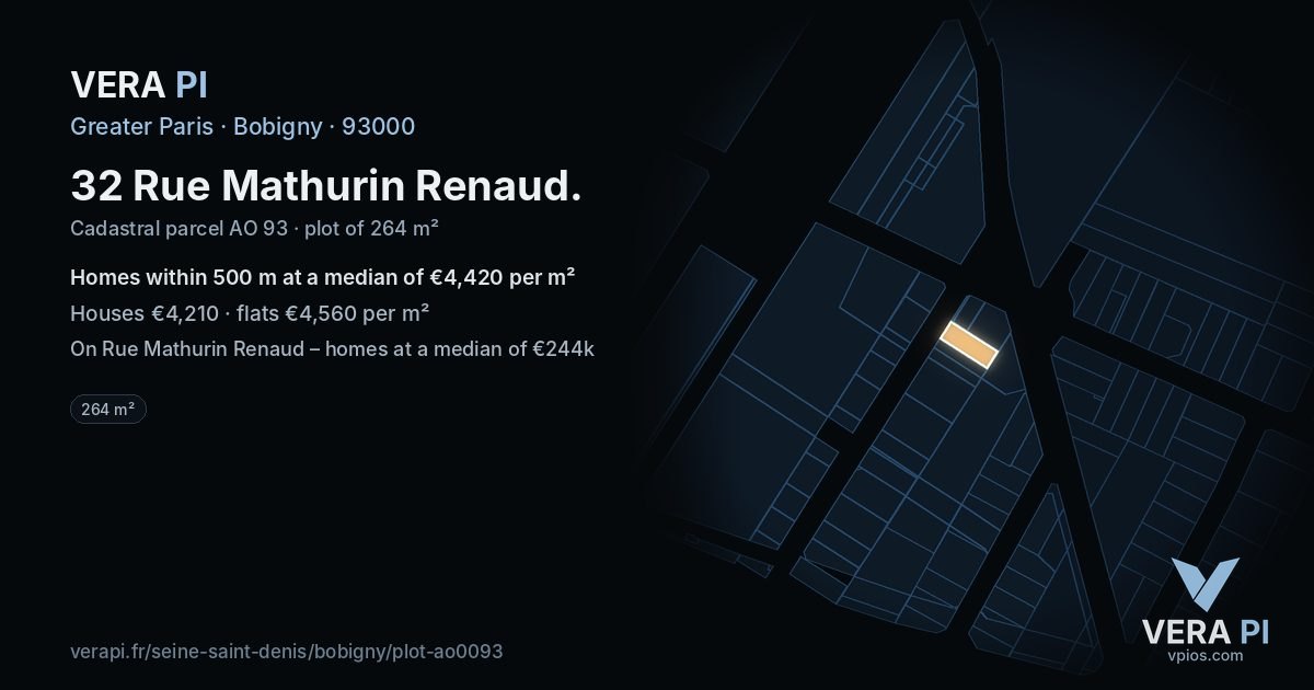 32 Rue Mathurin Renaud, Bobigny at night – the plot lit, the parcels around coloured by the prices near them