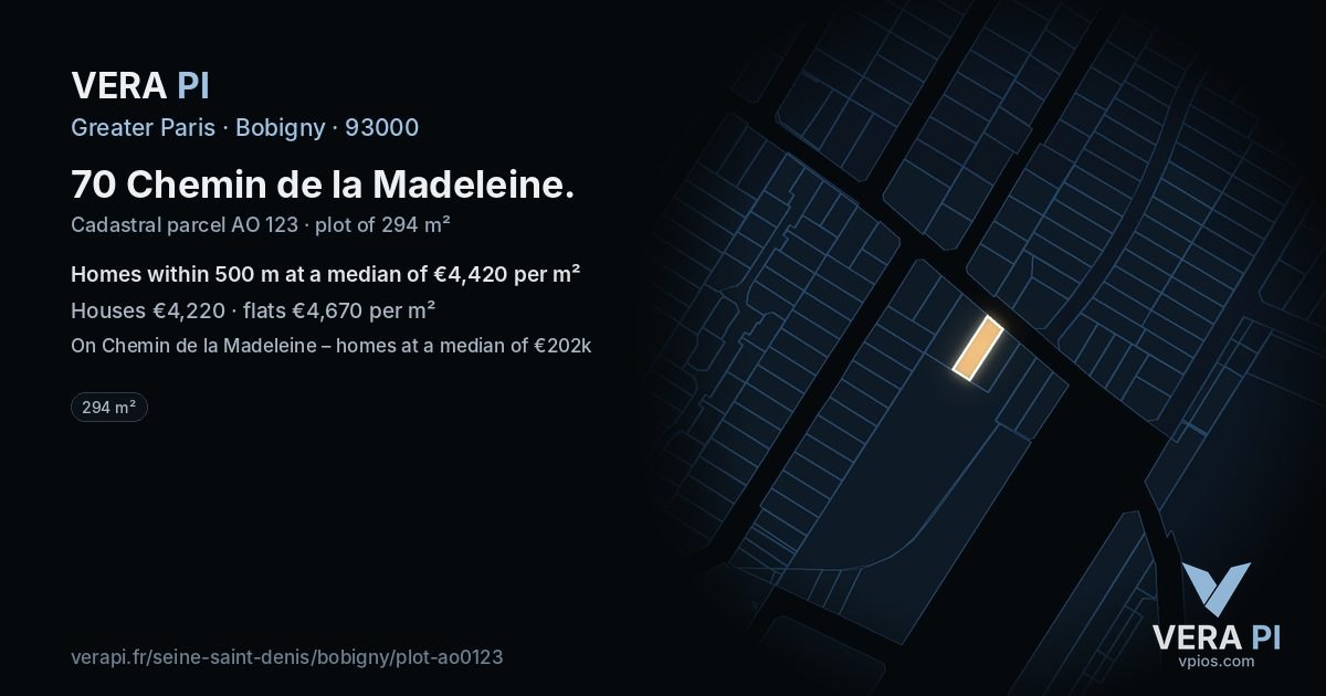 70 Chemin de la Madeleine, Bobigny at night – the plot lit, the parcels around coloured by the prices near them