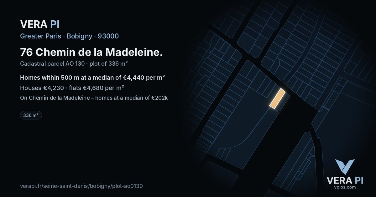 76 Chemin de la Madeleine, Bobigny at night – the plot lit, the parcels around coloured by the prices near them