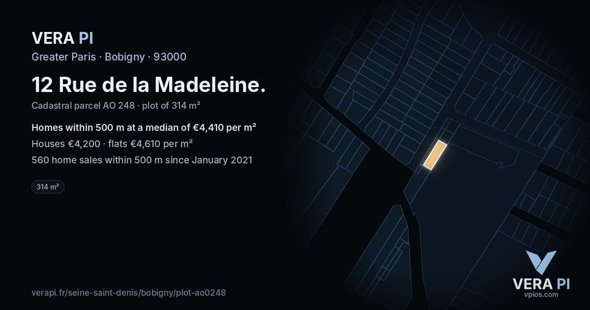 12 Rue de la Madeleine, Bobigny at night – the plot lit, the parcels around coloured by the prices near them