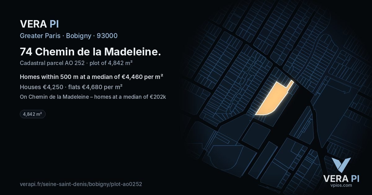 74 Chemin de la Madeleine, Bobigny at night – the plot lit, the parcels around coloured by the prices near them
