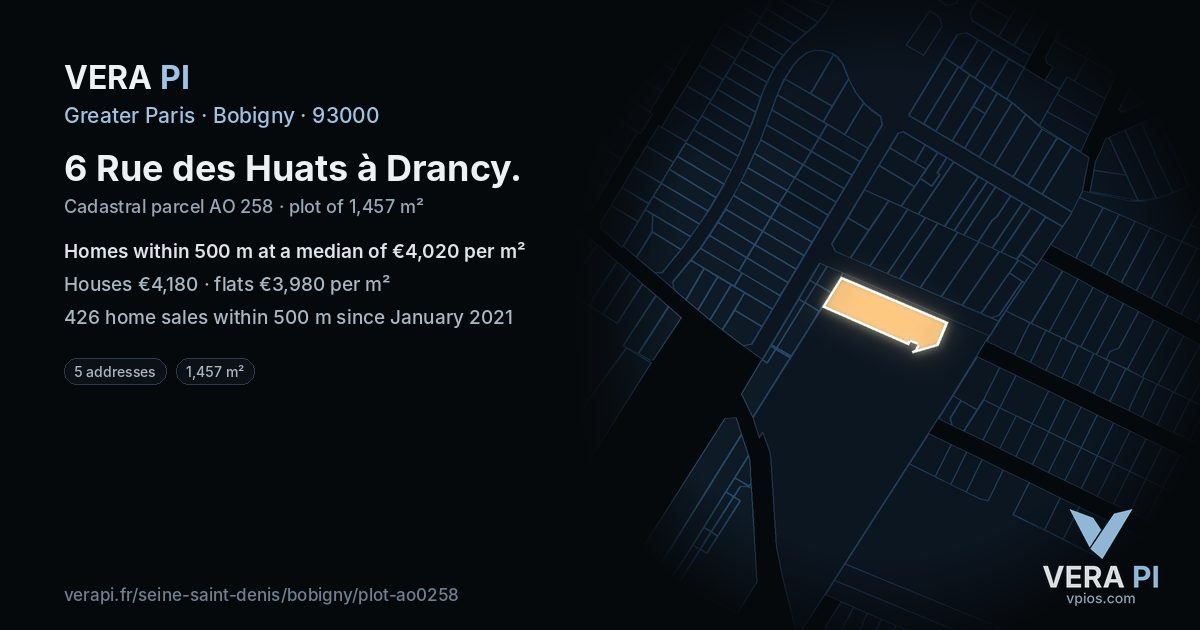 6 Rue des Huats à Drancy, Bobigny at night – the plot lit, the parcels around coloured by the prices near them