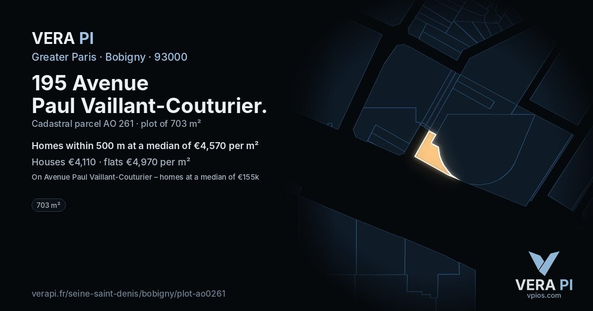 195 Avenue Paul Vaillant-Couturier, Bobigny at night – the plot lit, the parcels around coloured by the prices near them