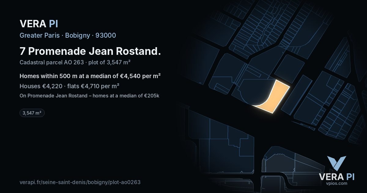 7 Promenade Jean Rostand, Bobigny at night – the plot lit, the parcels around coloured by the prices near them