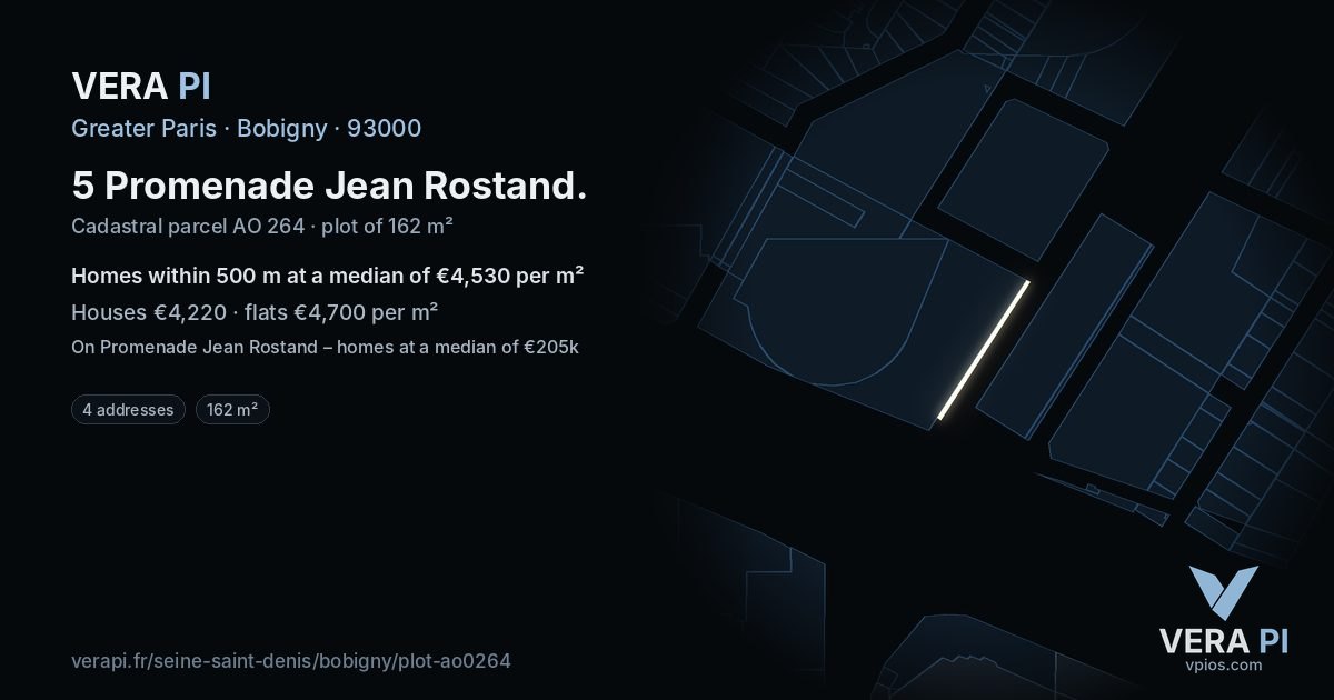 5 Promenade Jean Rostand, Bobigny at night – the plot lit, the parcels around coloured by the prices near them