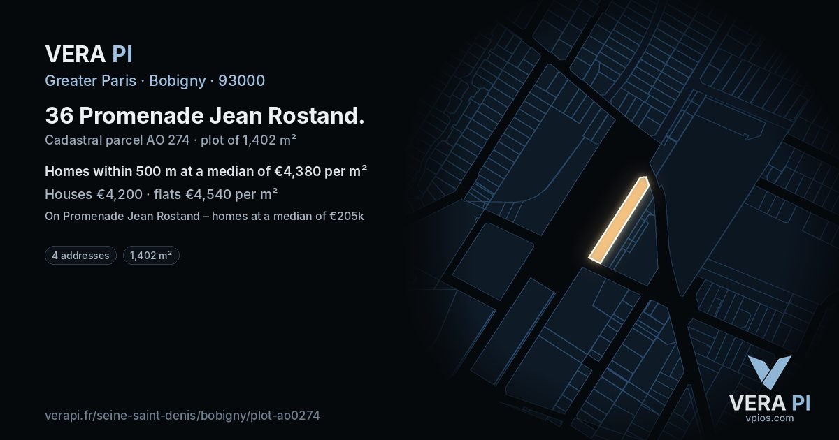 36 Promenade Jean Rostand, Bobigny at night – the plot lit, the parcels around coloured by the prices near them