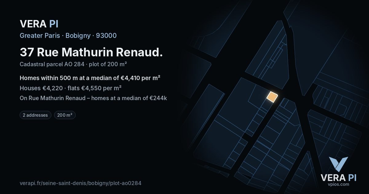 37 Rue Mathurin Renaud, Bobigny at night – the plot lit, the parcels around coloured by the prices near them
