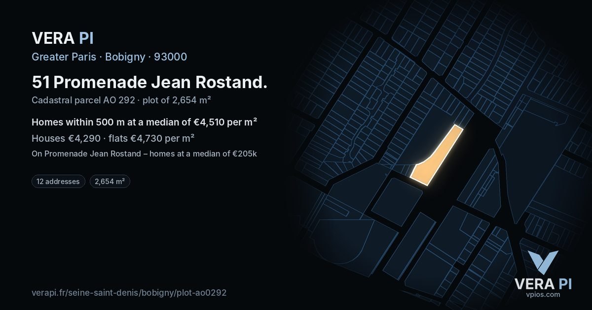 51 Promenade Jean Rostand, Bobigny at night – the plot lit, the parcels around coloured by the prices near them