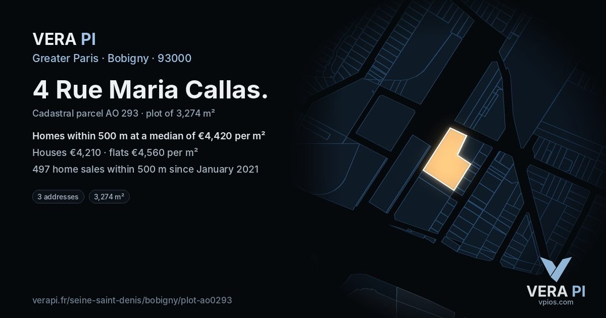 4 Rue Maria Callas, Bobigny at night – the plot lit, the parcels around coloured by the prices near them