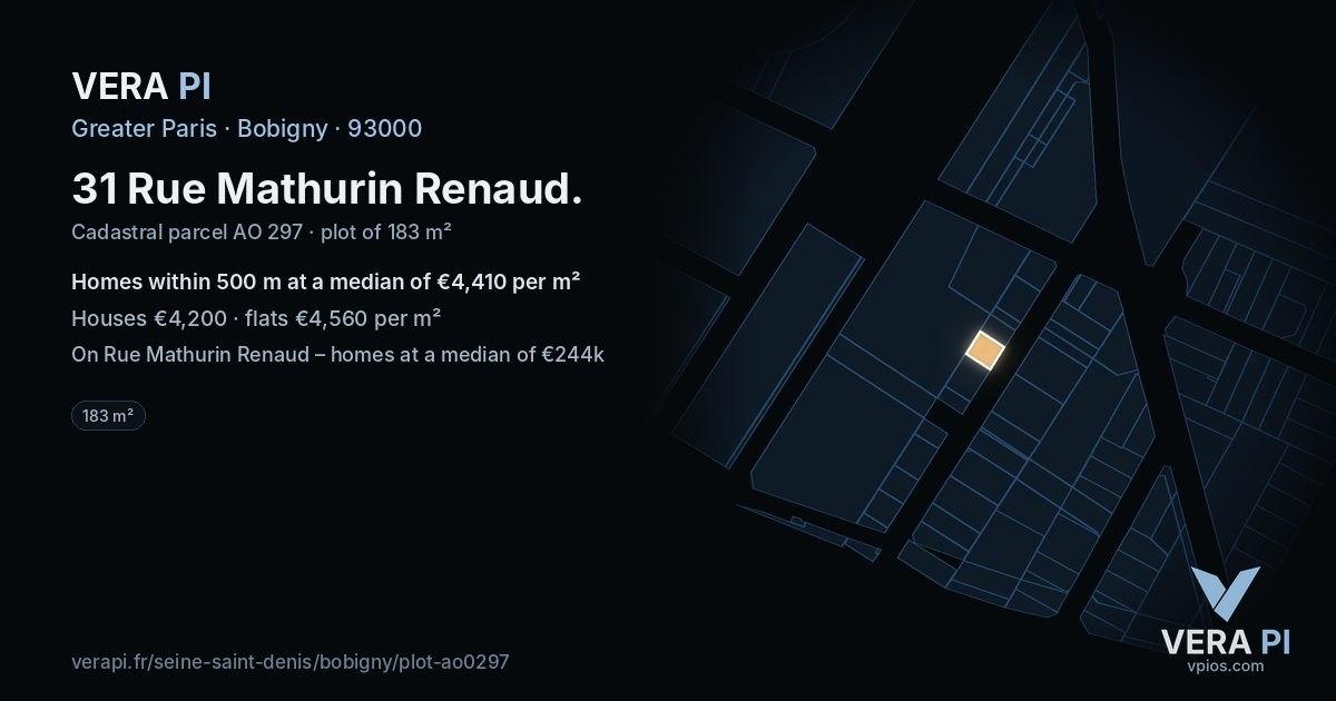 31 Rue Mathurin Renaud, Bobigny at night – the plot lit, the parcels around coloured by the prices near them