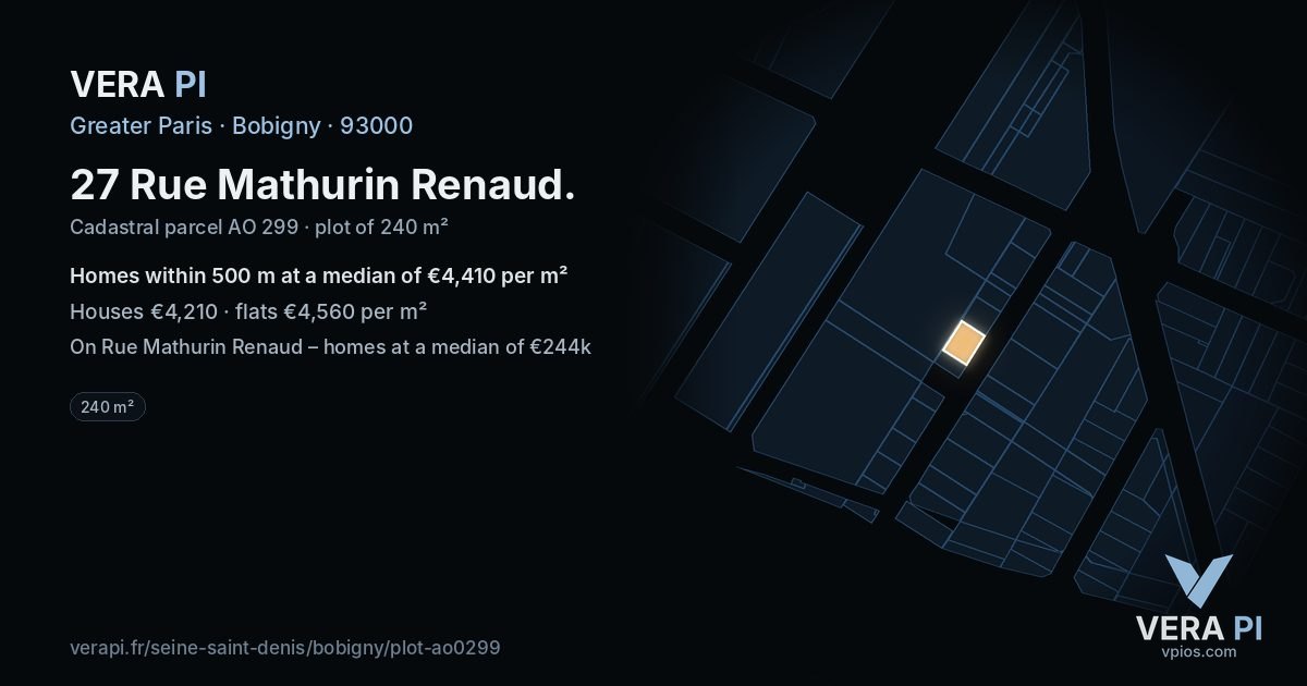 27 Rue Mathurin Renaud, Bobigny at night – the plot lit, the parcels around coloured by the prices near them