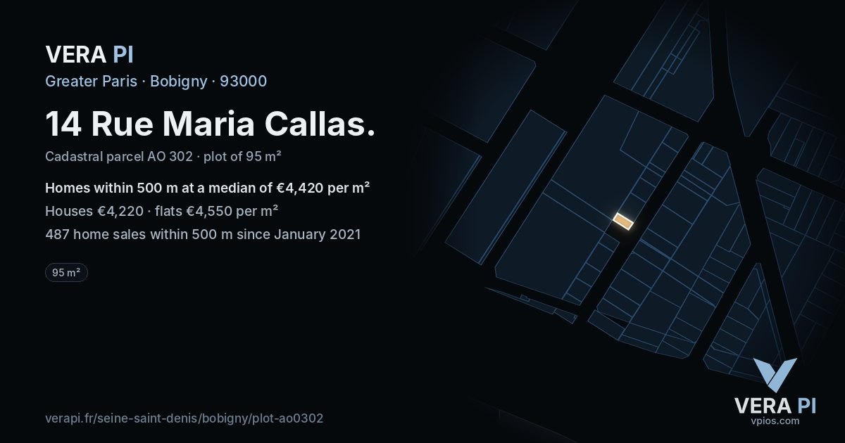 14 Rue Maria Callas, Bobigny at night – the plot lit, the parcels around coloured by the prices near them