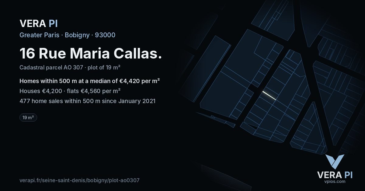 16 Rue Maria Callas, Bobigny at night – the plot lit, the parcels around coloured by the prices near them