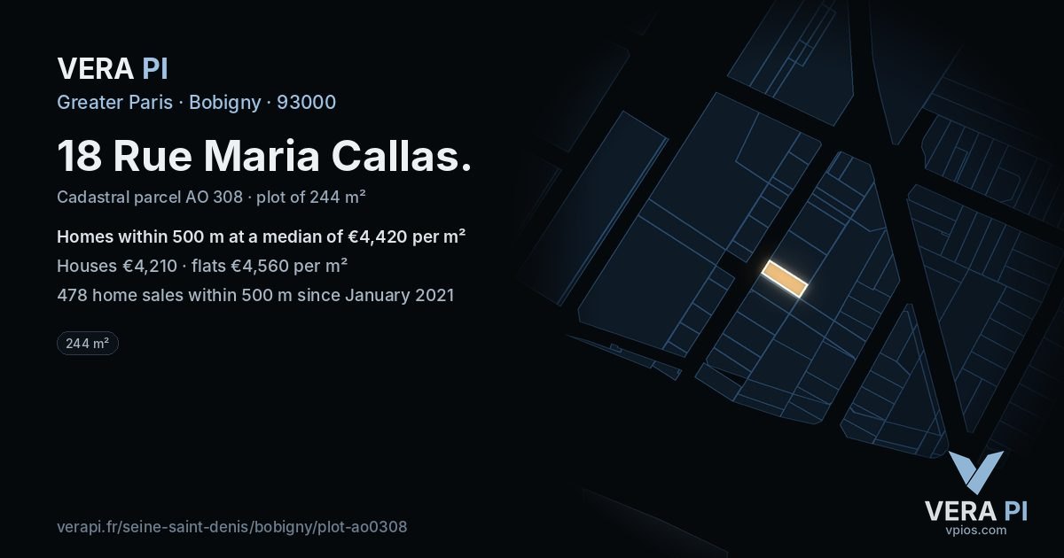 18 Rue Maria Callas, Bobigny at night – the plot lit, the parcels around coloured by the prices near them