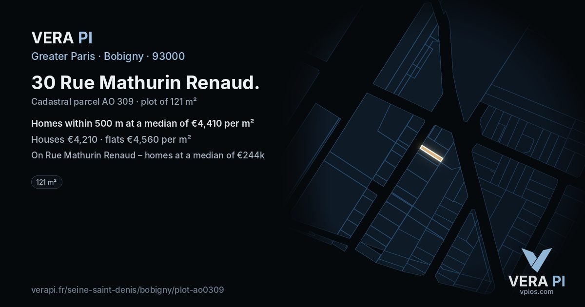 30 Rue Mathurin Renaud, Bobigny at night – the plot lit, the parcels around coloured by the prices near them