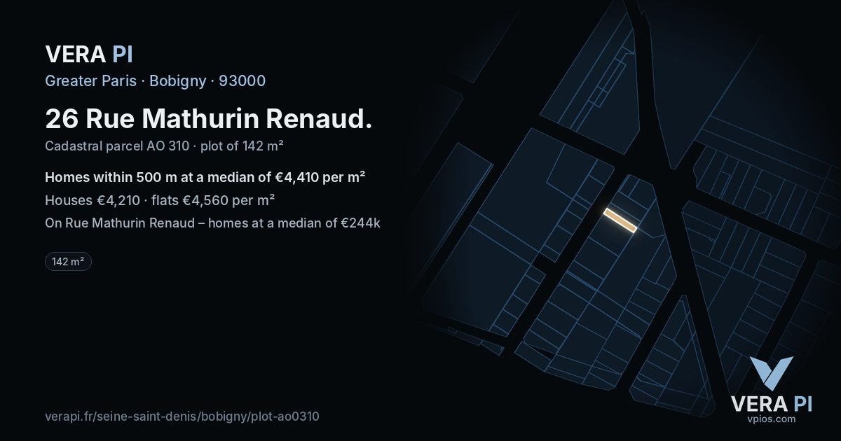 26 Rue Mathurin Renaud, Bobigny at night – the plot lit, the parcels around coloured by the prices near them