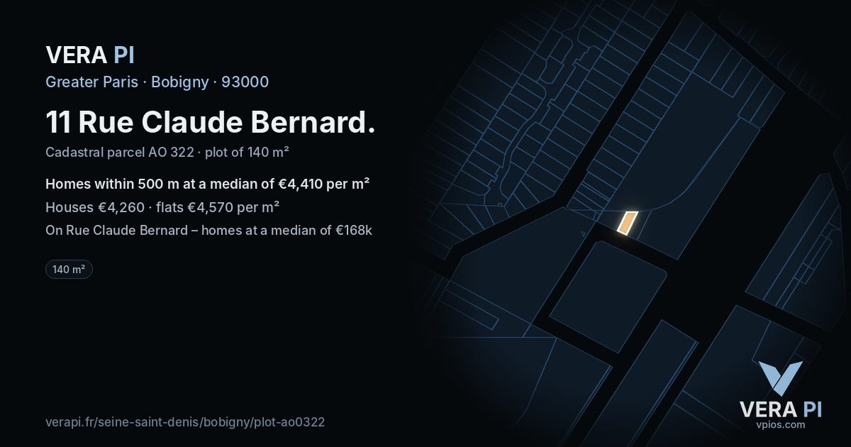 11 Rue Claude Bernard, Bobigny at night – the plot lit, the parcels around coloured by the prices near them