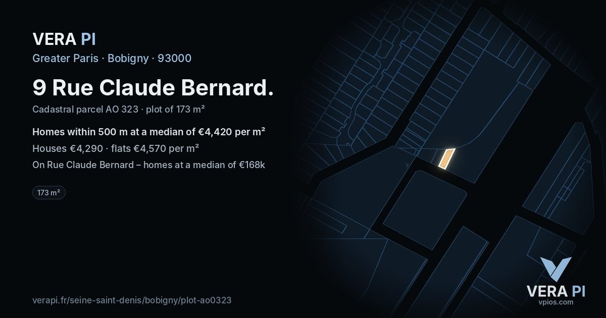 9 Rue Claude Bernard, Bobigny at night – the plot lit, the parcels around coloured by the prices near them