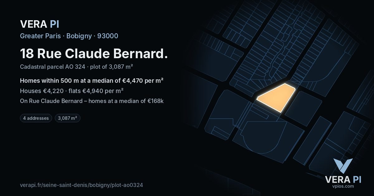 18 Rue Claude Bernard, Bobigny at night – the plot lit, the parcels around coloured by the prices near them